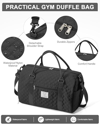 Gym Duffle Bag for Women with Shoe Compartment Waterproof Travel Tote Bags Personal Item Carry On Weekender Overnight Bags with Toiletry Bag Swimming Yoga Bags Hospital Holdalls Black - color: C7-Grid-Back