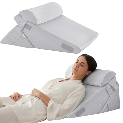 Bedluxe 3피스 정형외과 침대 웨지 베개 세트, 등, 다리 및 무릎 지지를 위한 폼 웨지 베개 수술 후 수술, 조절 가능한 22.9cm(9&12인치) 접이식 삼각형 베개, 수면, 위산 역류, 코골이용, 라이트 그레이 - color: 라이트 그레이., size: Adjustable 9&12 Inch + 1 Head Pillow
