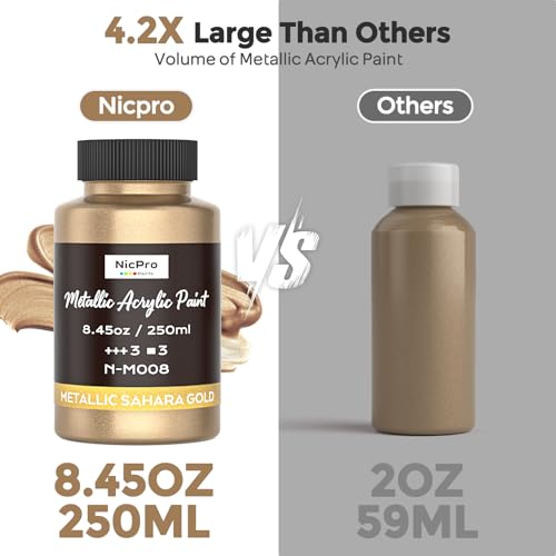 Nicpro Metallic Sahara Gold Acrylic Paint, 8.45oz/250ml Gold Leaf Paint | Large, Non Toxic, Non Fading Gold Paints for Metal, Wood, Craft, Clay, Fabric, Canvas, Furniture, Handcrafts, Art Supplies - color: Sahara Gold, size: 8.45 Fl Oz (Pack of 1)