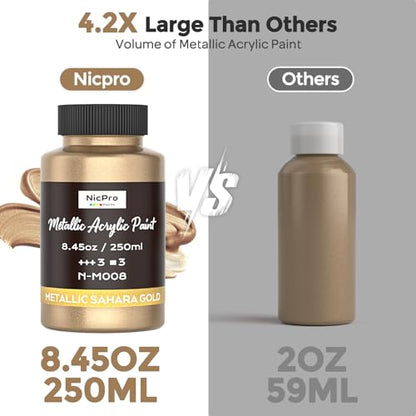 Nicpro Metallic Sahara Gold Acrylic Paint, 8.45oz/250ml Gold Leaf Paint | Large, Non Toxic, Non Fading Gold Paints for Metal, Wood, Craft, Clay, Fabric, Canvas, Furniture, Handcrafts, Art Supplies - color: Sahara Gold, size: 8.45 Fl Oz (Pack of 1)