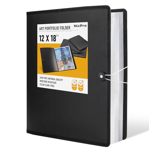 Nicpro 12x18 Art Portfolio Folder, 30 Pockets Art Painting Portfolio Binder | Display 60 Pages, Clear Plastic Sleeves, Presentation Storage Book for Artists Artwork Drawing, Black - size: 12"x18"
