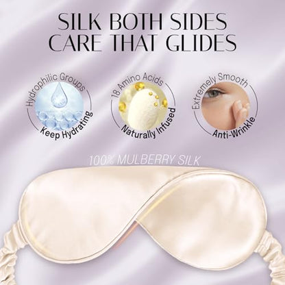 Silk Sleep Mask Eye Mask Blindfold with Double Layer Silk Filling and Elastic Strap for Full Night's Sleep, Travel and Nap, Soft Eye Cover Eyeshade with Luxury Bag and Ear Plugs (Champagne) - color: Light Champagne