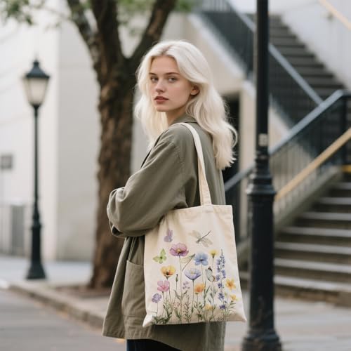 Aesthetic Canvas Tote Bag for Women - with Magnetic Snap Closure & Zipper Inner Pocket Reusable Bag for Shopping - color: Flower11