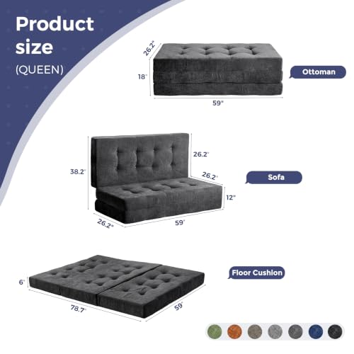 MAXYOYO 6" Folding Sofa Bed for Floor, Tufted Tri-Fold Floor Mattress | Queen Size Portable Sofa Couch Guest Mat with Chenille Fabric for Adults, Foldable Topper for Camping, Dark Grey, Queen - color: Dark Grey, size: Queen