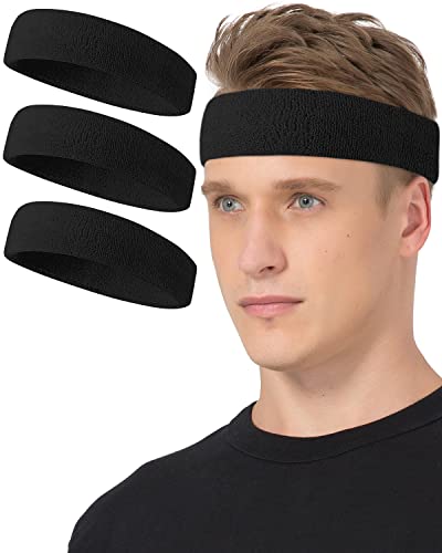 Tanluhu Sweatbands Sport Headbands for Working Out, Exercise, Tennis, Basketball, Running - Terry Cloth Athletic Sweat Cotton Headband Outdoor for Men & Women - color: Black/Black/Black