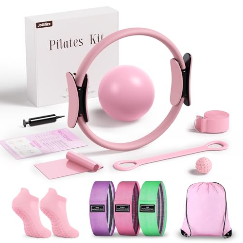 Pilates kit for Women Home Workout, Pilates Equipment Ring and Ball Set with 3 Fabric Resistance Bands, Massage Ball, Pilates Starter Kit for Strength, Toning, Including Workout Guide - color: Pink