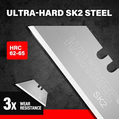 HAUTMEC Utility Knife Blades 100-Pack, SK2 Heavy Duty Razor Blades with 2-Way Safe Dispenser (1 or 5), Used Blade Slot & Remaining Indicator, Box Cutter Replacement for Carpet, Cardboard – HT0264 - style: 100 PCS | SK2