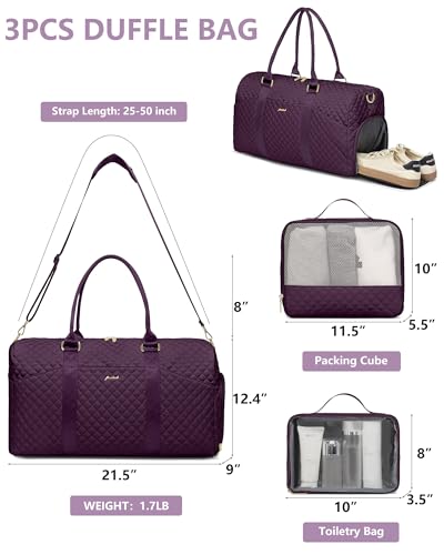 Women Weekender Travel Duffle Bag: Travel Duffel Overnight Bags with Shoe Compartment Large Carry on Tote with Toiletry Bag Weekend Traveling Yoga Gym Hospital Bag for Women with Wet Pocket 3 PCS Set - color: 21-Purple - 3 PCS, size: Large