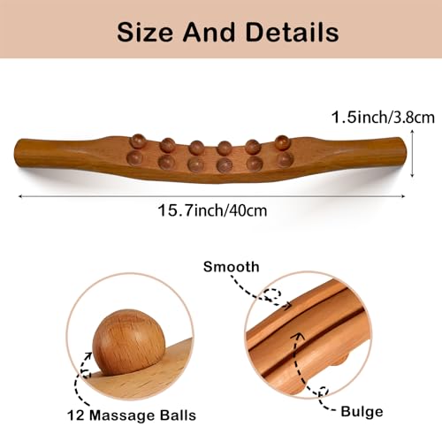 Wood Therapy Massage Stick, 2 in 1 Double Row 12 Beads Maderoterapia Kit Wood Gua Sha Massage Tool, Wooden Gua Sha Lymphatic Drainage Massager Tool for Body Shaping - color: Brown