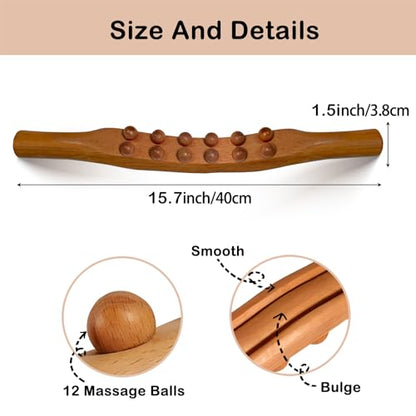Wood Therapy Massage Stick, 2 in 1 Double Row 12 Beads Maderoterapia Kit Wood Gua Sha Massage Tool, Wooden Gua Sha Lymphatic Drainage Massager Tool for Body Shaping - color: Brown
