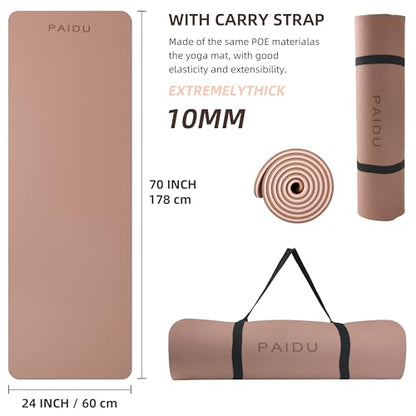 PAIDU POE Yoga Mat （10mm）Extra Thick Fitness Mat 72"x24" with Carry Strap - color: Brown+Apricot