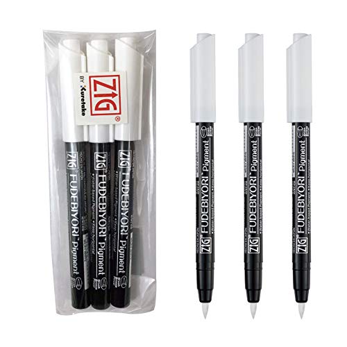 Kuretake ZIG FUDEBIYORI PIGMENT Milky White 3 pens set, For Lettering, Illustlation, AP-Certified, Flexible Hard brush tip, Effective on black paper, Professional quality, Made in Japan - style: 3 pcs Set(White)