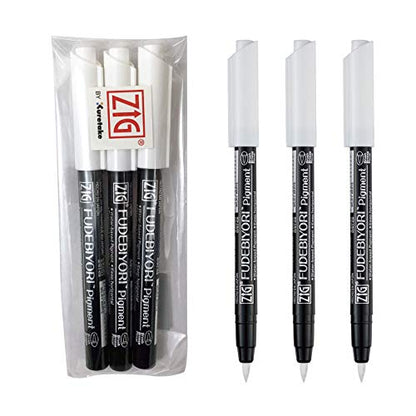 Kuretake ZIG FUDEBIYORI PIGMENT Milky White 3 pens set, For Lettering, Illustlation, AP-Certified, Flexible Hard brush tip, Effective on black paper, Professional quality, Made in Japan - style: 3 pcs Set(White)