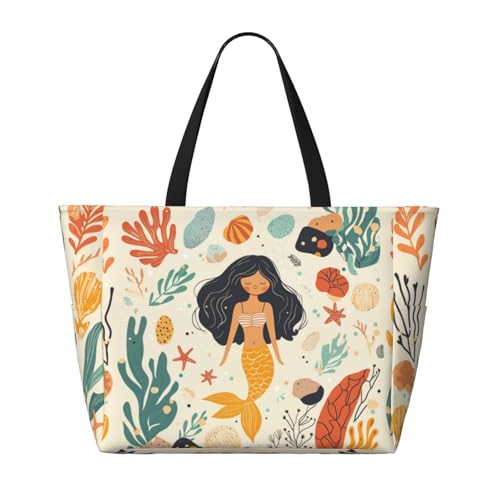 Large Beach Bag for Women Waterproof Foldable Travel Shoulder Tote Bag with Pocket for Weekender Pool Vacation - color: Fish Beige