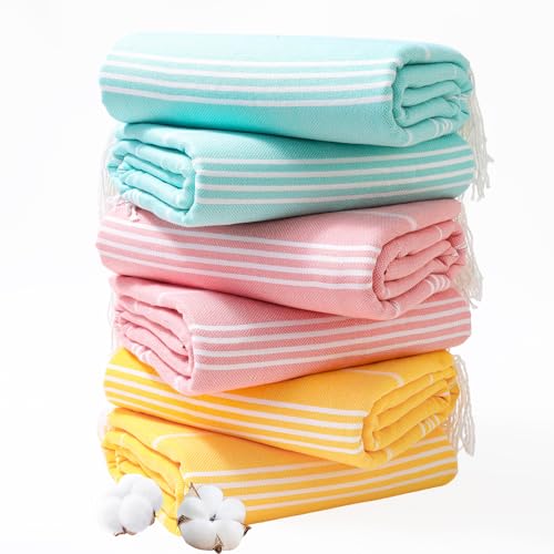 Genovega 6 Oversized Cotton Turkish Beach Bath Towel Set Bulk 74"x38" Extra Large Sand Free Quick Dry Swimming Camping Pool Clearance Towels Blanket Essentials Adult Multi Light Orange Stripes - color: Multi Light Green Stripes