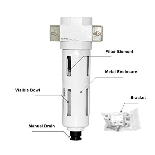 Beduan 1/4" Air in-line Compressed Particulate Filter,Moisture Water Trap Filter With Visible Bowl,Semi-Auto Drain(MINI) - size: 1/4"