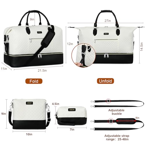 ITIEZY Weekender Bag for Women 21.5" Travel Duffel Large Carry On Bag 3PCS | Nylon Duffel Bag with Waterproof Shoe Compartment, Crossbody Bag and Toiletry Bag, Travel Weekend Hospital Overnight Gym Bag - color: 6-Off White