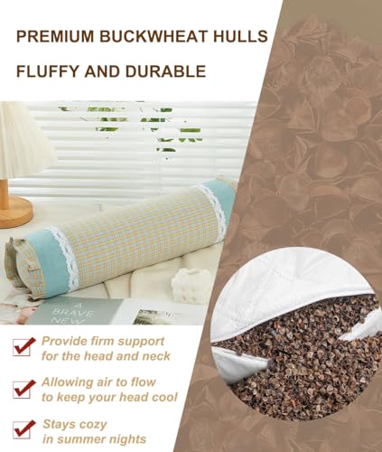 Buckwheat Neck Roll Pillow, Adjustable Bolster Cylinder Pillows with Plaid & Lace Trim Pillowcase, Firm Cervical Support Round Pillows Neck Pain Relief for Sleeping (16"x4",Blue) - color: Blue