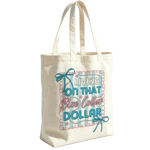 VICBOU Western Cow Skull Canvas Tote Bag for Women Girls, Cowgirl Shoulder Bag with Pocket for Beach Shopping Work - color: Bluecollar02