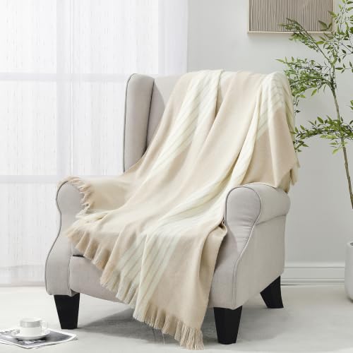 BOURINA Throw Blanket Boho Striped Fringe Throw, Lightweight Woven Tassel Decorative Blanket for Couch Sofa Bed, Farmhouse Accent Blanket for Living Room Bedroom，Beige 50x60 inches - color: Stripes-beige