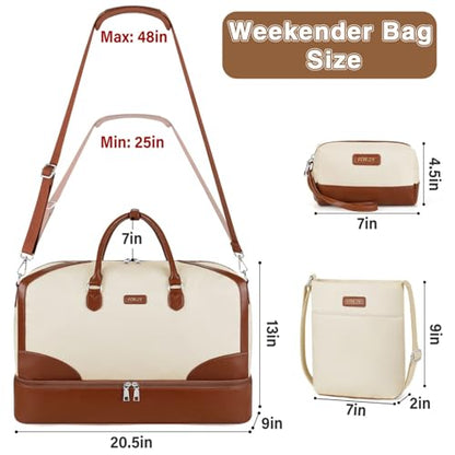 ITIEZY Weekender Bag for Women 21.5" Travel Duffel Large Carry On Bag 3PCS | Nylon Duffel Bag with Waterproof Shoe Compartment, Crossbody Bag and Toiletry Bag, Travel Weekend Hospital Overnight Gym Bag - color: 9-Beige