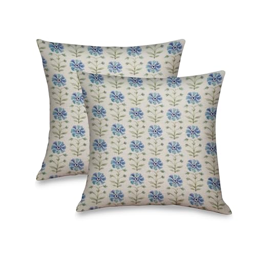 Blue Floral Block Print Pillow Covers 18x18 inches Set of 2, Double-Sided Vintage Boho Decorative Throw Pillows for Couch, Soft Thick Flannel Cushion Case for Sofa Bed Living Room, Hidden Zipper - color: Vintage Floral049