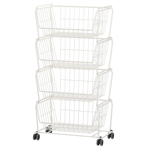 PUSDON 4-Tier Large Stackable Wire Storage Baskets with Wheels, Metal Rolling Utility Cart Organizer, Produce Basket for Kitchen Pantry, Floor Shelf, Classic White - color: White, size: 4 Tier Plus