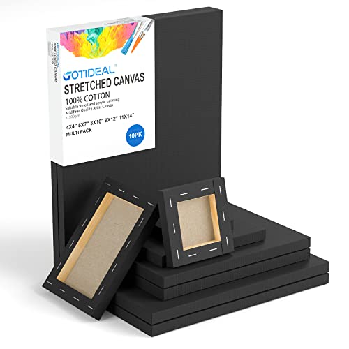 10Pcs Black Canvases, Multi Pack 4x4, 5x7, 8x10, 9x12, 11x14 | Stretched Canvases, Set of 10, Primed 100% Cotton, Artist Blank Canvas Boards for Painting, Acrylic Pouring, Oil Paint Art - color: Black, size: Multi Size-10 Pcs