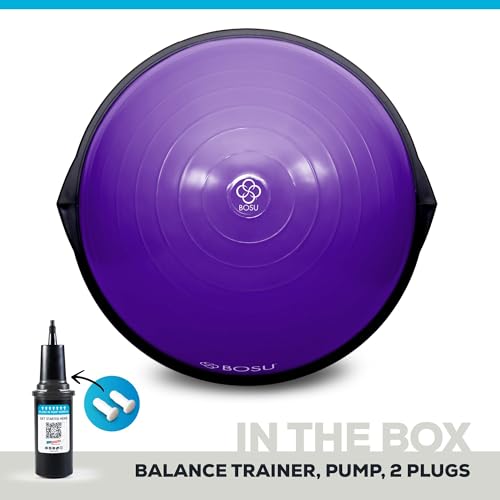 Bosu Balance Ball Exercise Trainer, Home Gym Equipment w/Guided Workouts & Pump, 26" Inflatable Fitness Platform for Strength Training, Standing, Balancing, and Core Workout - color: Purple/Black