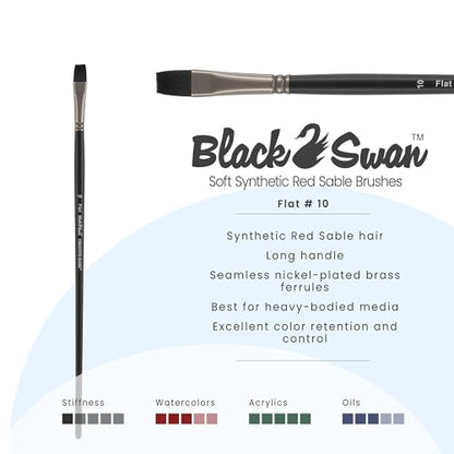 Black Swan Synthetic Red Sable Flat Paint Brushes - Flat Size # 10 - Professional Quality Long Handle Paint Brushes for Oil, Heavy Body Media and Acrylic - Artists of All Levels - size: Size 10