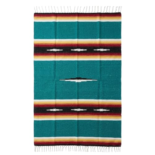 Open Road Goods Mexican Diamond Blanket - XL Heavyweight Yoga Blanket – Handmade in Mexico - Thick Boho Serape Saltillo Style Throw for Beach, Picnic, Home, Camping and More! (Teal Sunset) - color: Teal Sunset