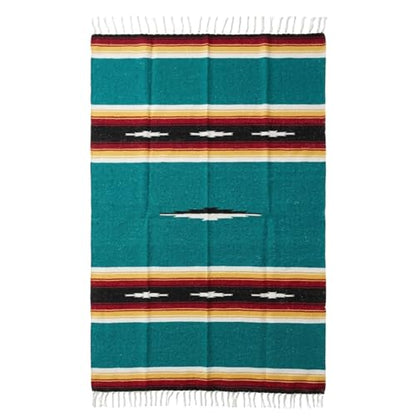 Open Road Goods Mexican Diamond Blanket - XL Heavyweight Yoga Blanket – Handmade in Mexico - Thick Boho Serape Saltillo Style Throw for Beach, Picnic, Home, Camping and More! (Teal Sunset) - color: Teal Sunset