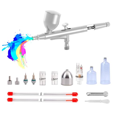 Gocheer Airbrush Gun Kit, 0.2mm & 0.5mm Nozzle Set, 3 Paint Cups/Bottles (9ml, 20ml & 40ml), Moisture Filter & Adapters, Dual Action Gravity Feed Spray Gun for Miniatures, Models, Nail Art & Makeup