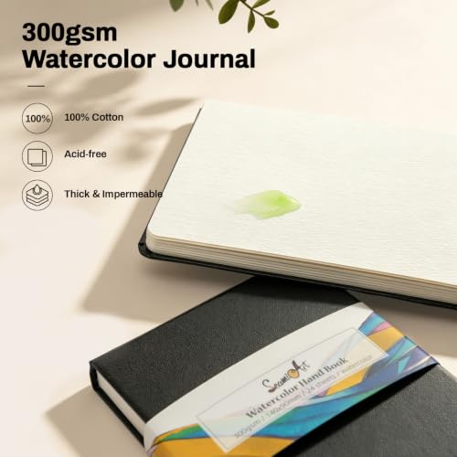 SEAMIART Watercolor Sketchbook Journal 3.5"x5.5" Travel Notebook 24 Sheets | 140 LB 300 GSM, Cold Press, Watercolor Paper Pad, Mixed Media Painting, PU Leather Cover, Acid Free, for Adults & Artists