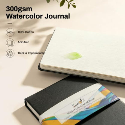 SEAMIART Watercolor Sketchbook Journal 3.5"x5.5" Travel Notebook 24 Sheets | 140 LB 300 GSM, Cold Press, Watercolor Paper Pad, Mixed Media Painting, PU Leather Cover, Acid Free, for Adults & Artists