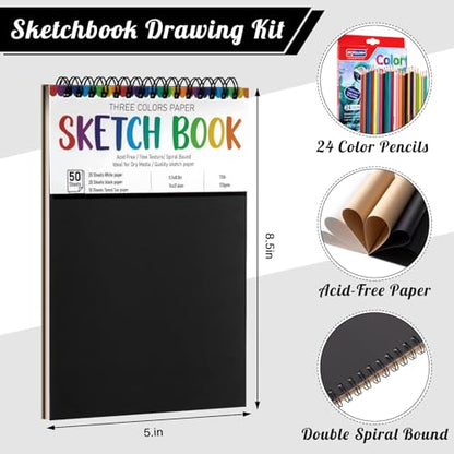 A5 Sketchbook Set with 24 Colored Pencils, 50 Sheets, Black | 160gsm Acid-Free Paper, Hardcover with Spiral Binding, Tear-Out Pages, for Sketching And Dry Media