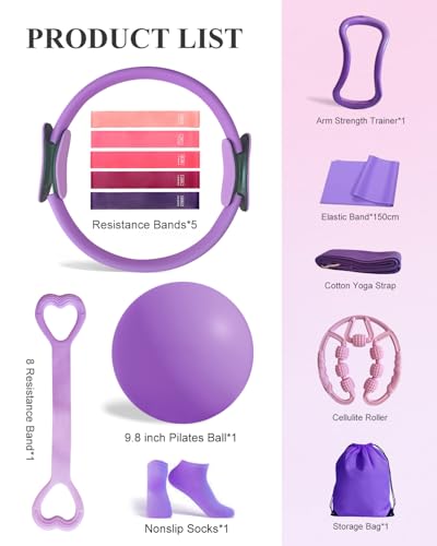 Home Workout Pilates Kit for Women, Better me Pilates Ring and Ball Set Essentials Equipment, with 5 Resistance Bands, Massager Roller, Yoga Starter Accessories for Toning Arms, Thighs & Core - color: Purple -14 Pcs