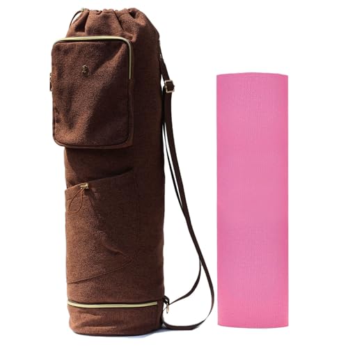 ESVAN Yoga Mat Bag with Multi Pockets Drawstring Yoga Mat Carrier Pilates Exercise Multi-Functional Storage Bag - color: Linen Brown