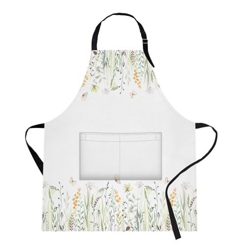 Apron with Pockets, 32x28 inch, for Women Men, Wild Flowers | Floral Yellow Green Waterproof Adjustable Bib Aprons for Kitchen Cooking Baking Painting Gardening - color: Eucalyptus