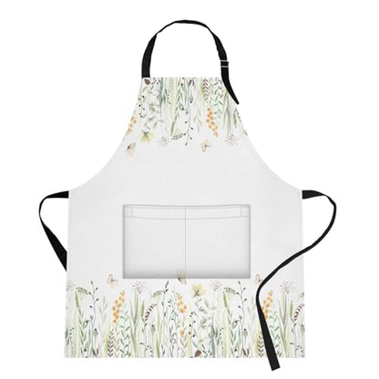 Apron with Pockets, 32x28 inch, for Women Men, Wild Flowers | Floral Yellow Green Waterproof Adjustable Bib Aprons for Kitchen Cooking Baking Painting Gardening - color: Eucalyptus