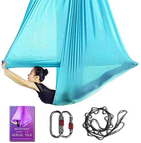 Aerial Yoga Hammock L:5M W:2.8M 5.5 Yards Aerial Pilates Silk Yoga Swing Set with 2000 Ibs Load Include Daisy Chain, Pose Guide - color: Sky Blue