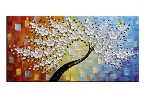 YaSheng Art -hand painted White Flowers Paintings Oil Painting On Canvas Abstract Texture Palette Knife Tree Paintings Modern Home living room Bedroom Dining Room Wall Decor Ready to hang 20x40inch - color: YS-0017, size: 40"L x 20"W