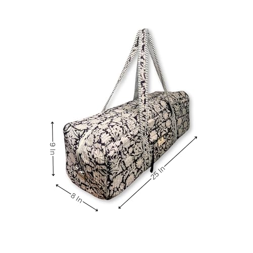 Large Capacity Handblock Printed Yoga Mat bag for Women, Gym Bag, Fits Yoga Blocks, Adjustable strap, Pilates, Gym, Fitness Block & Gear, Light and Durable - color: Charcoal Bloom