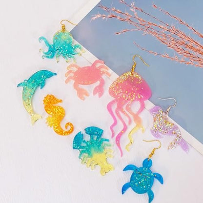 4 Piece Resin Earring Molds, Ocean Life Jewelry DIY Silicone Molds UV Resin Jellyfish Shell Starfish Earrings Keychain Lighthouse Ship Wheel Necklace Pendant Craft Supplies - color: Ocean