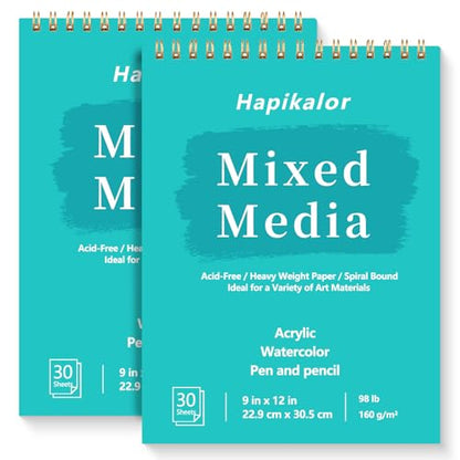 Mixed Media Sketchbook 9"x12" Multimedia Sketchbook, 2-Pack 30 Sheets | Top Spiral Bound Sketch Book, 98lb/160gsm Mixed Media Paper, Watercolor Paper Sketch Pads for Drawing, Painting, Art Supplies - size: 9" x 12"(Pack of 2)