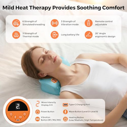 Massager Official 4-in-1 Cervical Neck Massager Pillow with Heating Wave Vibration, Remote Control, for Home, Office, Travel