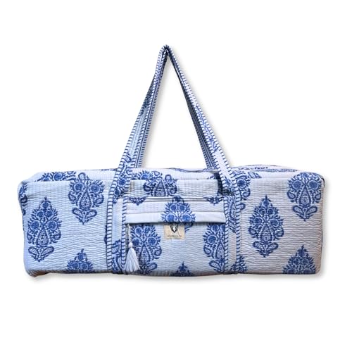 Large Capacity Handblock Printed Yoga Mat bag for Women, Gym Bag, Fits Yoga Blocks, Adjustable strap, Pilates, Gym, Fitness Block & Gear, Light and Durable - color: Neel Butta