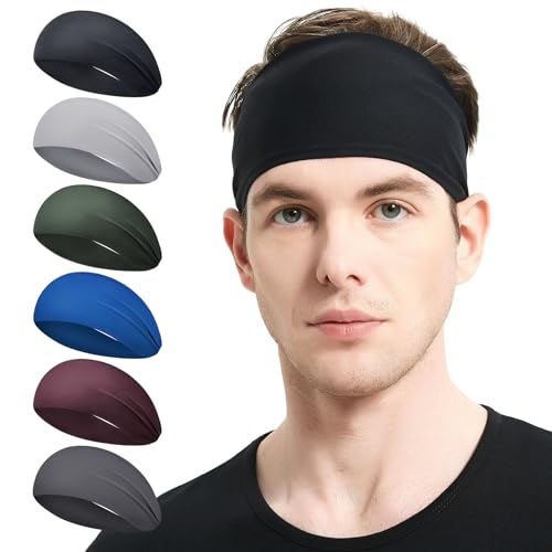 MARKEEP Running Headbands for Men (4 or 6 Pack), Mens Stretchy Headband for Football,Cycling,Basketball,Yoga,Fitness Workout Unisex Quick-Dry Sweatband - color: （6pack）Black,Gray,Green,Sky blue,Brown,Dark gray, size: One Size
