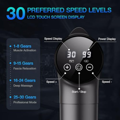 OLsky Massage Gun Deep Tissue 30 Speeds 9 Attachments Handheld (Grey) | Electric Muscle Massager, High-intensity Percussion, Massage Device for Pain Relief, Quiet and Powerful, Ideal for Recovery - color: Grey