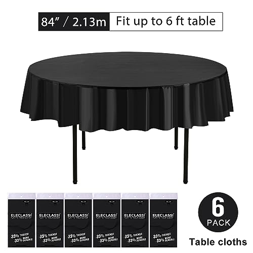 Eleclassi Black 6 Pack Premium Round Disposable Plastic Tablecloth - 84 Inch Round Plastic Table Cloths for Parties Disposable Tablecloth - Round Plastic Tablecloth - Black Round Tablecloth - color: Black